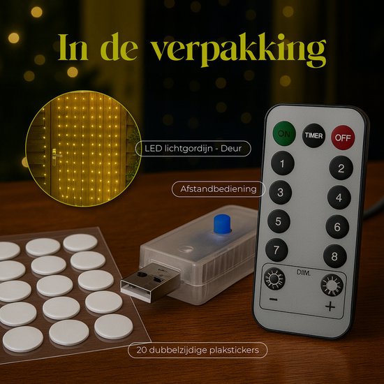Inhoud verpakking: LED lichtgordijn, afstandsbediening, USB-stekker en 20 plakstickers.