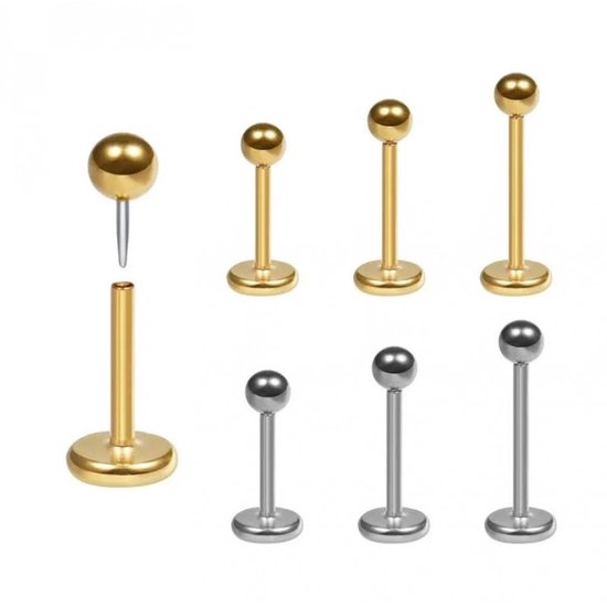 Bijoux Lev - Piercing labret en titane - 1,2 mm - Barre de 9 mm - Boule de 3 mm - Push - Couleur or - Piercing - Piercing labret - Piercing au nez - Piercing au tragus - Or - Piercing d'oreille