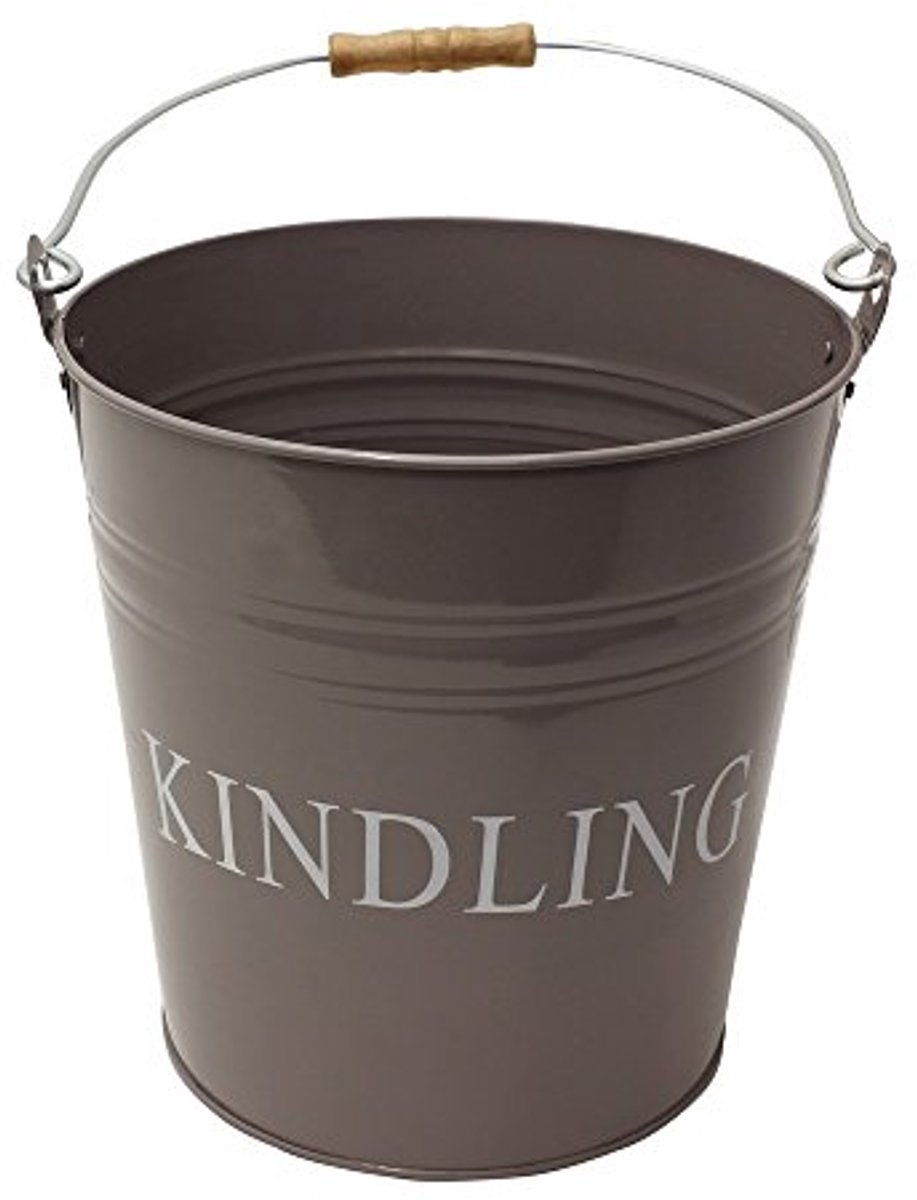 Metaal Kindling Emmer met Handvat voor Haard - Staal/Hout, Grijs, 21 x 21 x 27 cm
