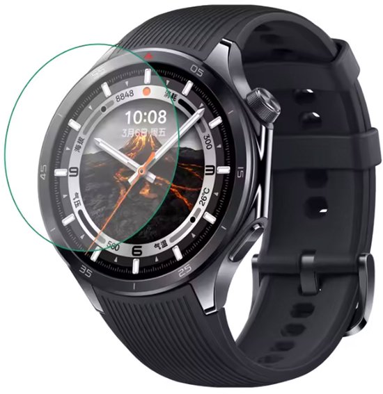 Zwarte smartwatch met glanzende metalen kast en gehard glas protector. Duidelijke wijzerplaat met berguitzicht en Chinese tekens.