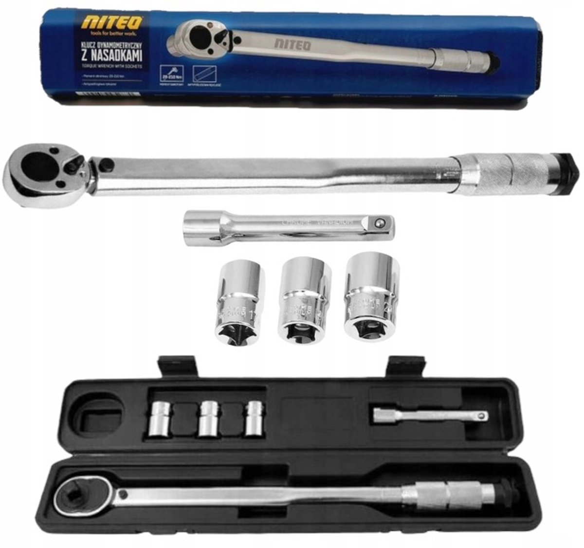 Niteo Tools Momentsleutel met 3 doppen (28-210 Nm)