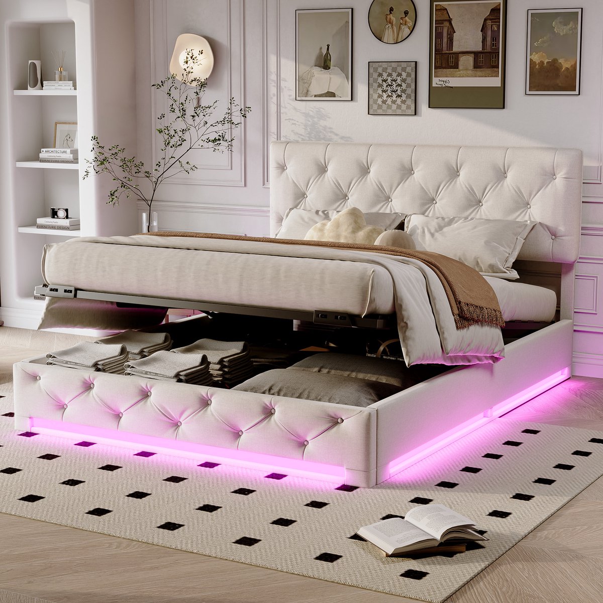 Modern gestoffeerd bed, LED-bed met veel opbergruimte, elegant tweepersoonsbed 160 x 200 cm, boxspringbed met stijlvol klinknageldesign, linnen stof, zonder matras (Verzonden in 3 pakketten)