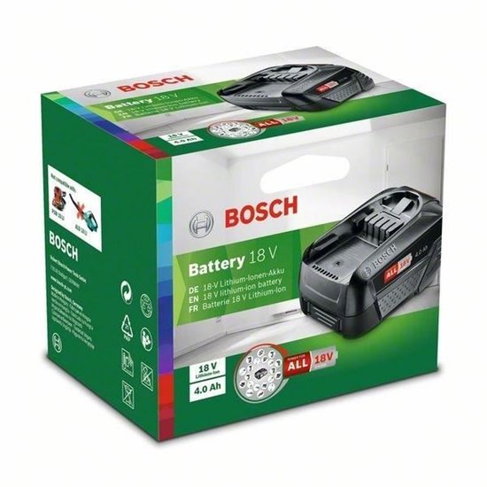 Verpakking van Bosch 18V accu, met de tekst "Battery 18V" en "4.0 Ah".