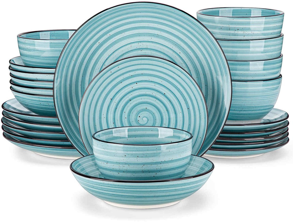 Luxe Serviesset – 24 delig – 6 persoons – Steengoed - Bordenset – Dinner platen – Dessertborden - Kommen - Pastabord - Blauw