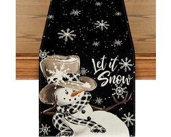 Tafelloper met sneeuwpop en rood-zwart buffelplaid – 40 x 140 cm, feestelijke kerstdecoratie voor keuken, eettafel en winterse wooninrichting
