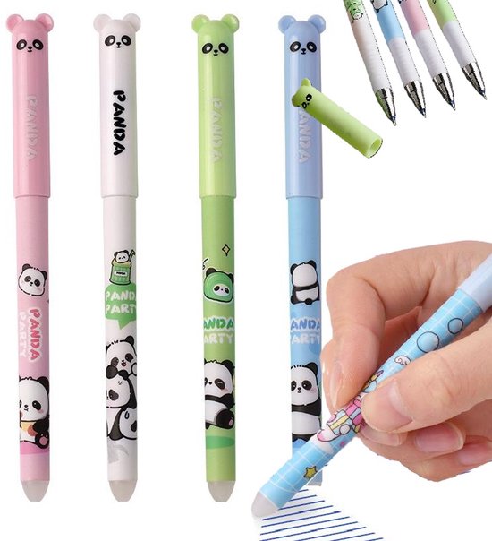 Vier pennen met panda-print: roze, wit, groen, blauw. Een hand pakt een blauwe pen, die blauwe lijnen schrijft.