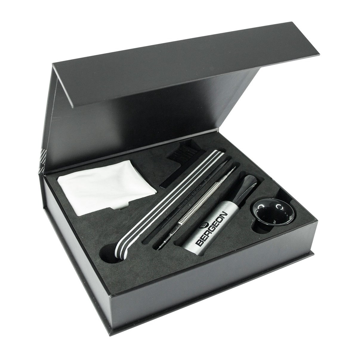 Bergeon WatchCare Kit 7811, horlogeverzorgingsset, met vijl, reinigingsstokjes, spray, veerstaafgereedschap, handborstel, vergrootglas en doekjes