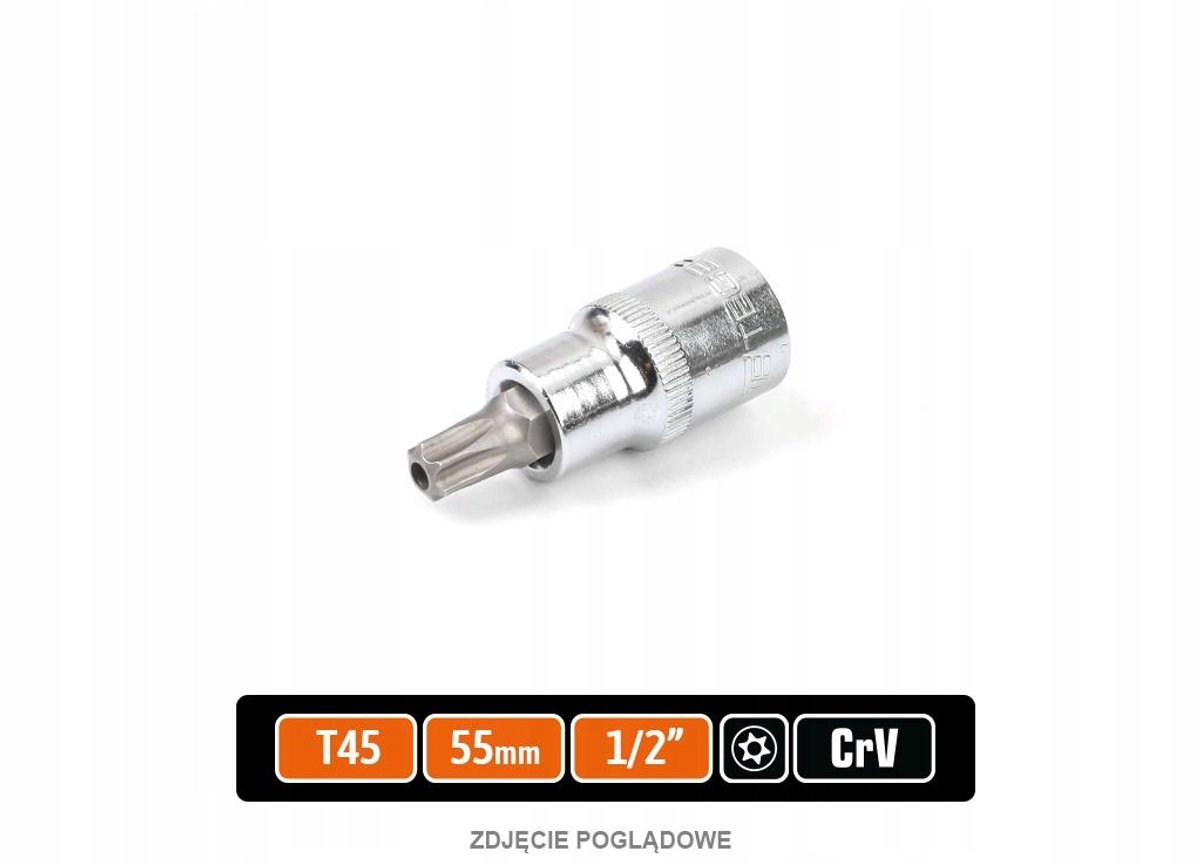 Dopsleutel Torx T45 1/2" 55mm met gat CrV DIN 2324