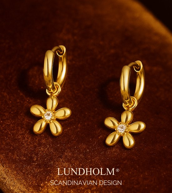 Boucles d'oreilles de Luxe Lundholm en acier inoxydable plaqué or 18 Premium avec pendentif Bloem - Hypoallergéniques et résistantes à Water - Femme
