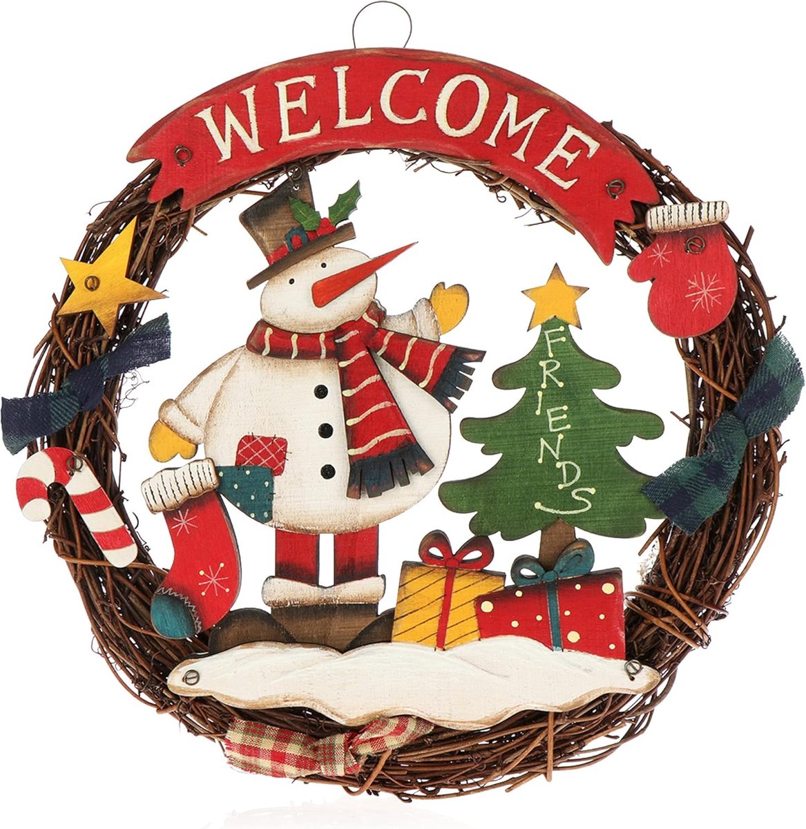 Gevlochten kerstkrans met sneeuwpopmotief - ca. Ø 24 cm.