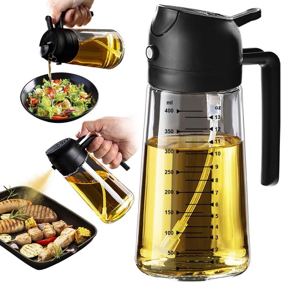 OliSpray - Handige 2-in-1 Oliespray Dispenser met knop – Glazen Oliefles voor Koken & BBQ - Oliebesparend | Officiële Shop