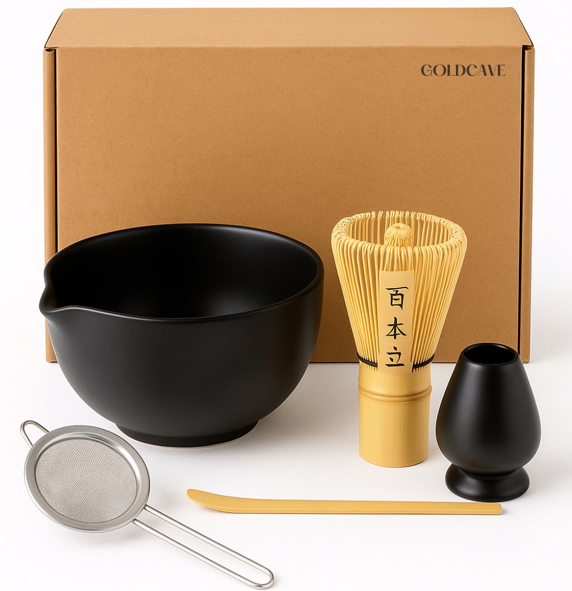 Goldcave Matcha Set - 5-delig - Zwart - Starterkit - Bamboe Klopper - Keramiek Kom - Wisk - Thee Accessoires