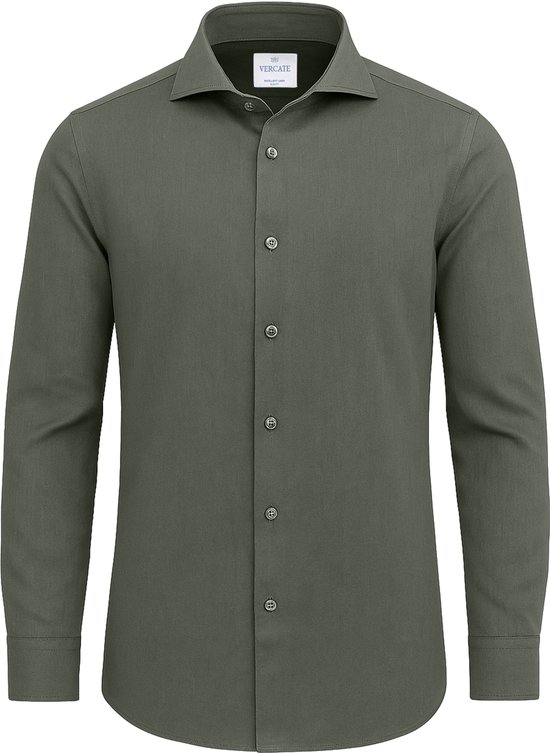 Vercate - Chemise homme manches longues - Olive / Vert foncé - Coupe ajustée - Lin et Katoen - Taille 38/ S