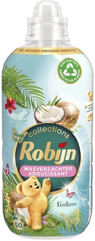 Adoucissant Robijn Collections Kokos Sensation avec un ours en peluche, une noix de coco, des feuilles de palmier et des papillons. 50 lavages.