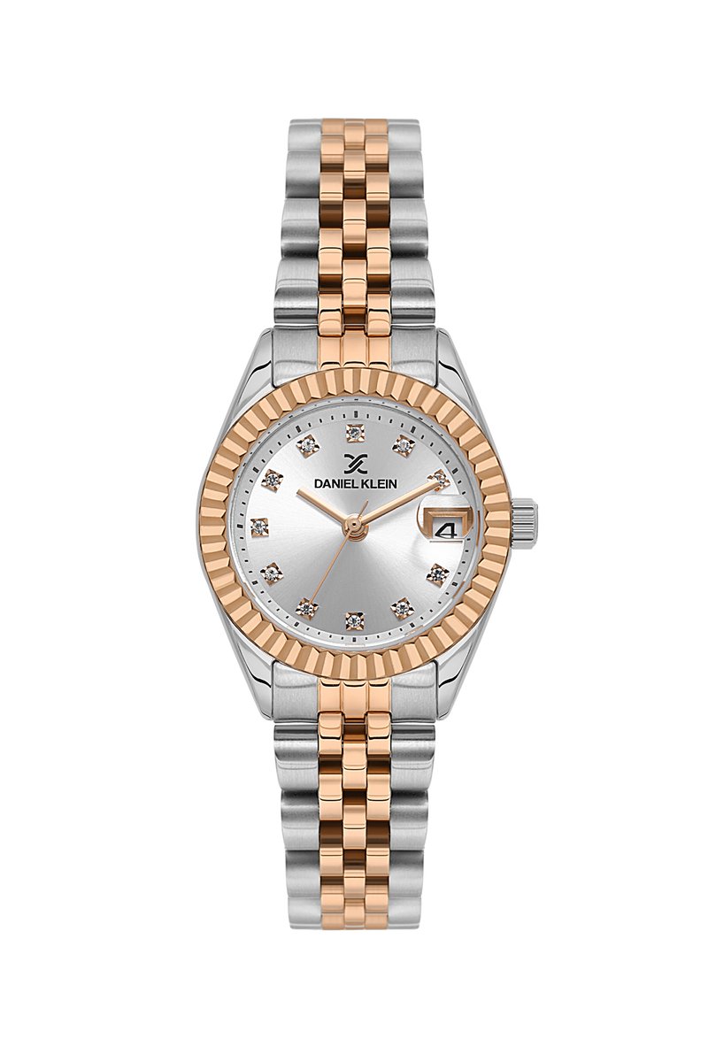 Daniel Klein DK.1.13969-8 - Horloge - Polshorloge - Analoog - Dames - Vrouwen - Rond - Stalen band - Metaal - Cijfers - Briljant - Vierkantjes - Datumaanduiding - Zilverkleurig - Rosékleurig - Wit - Zwart