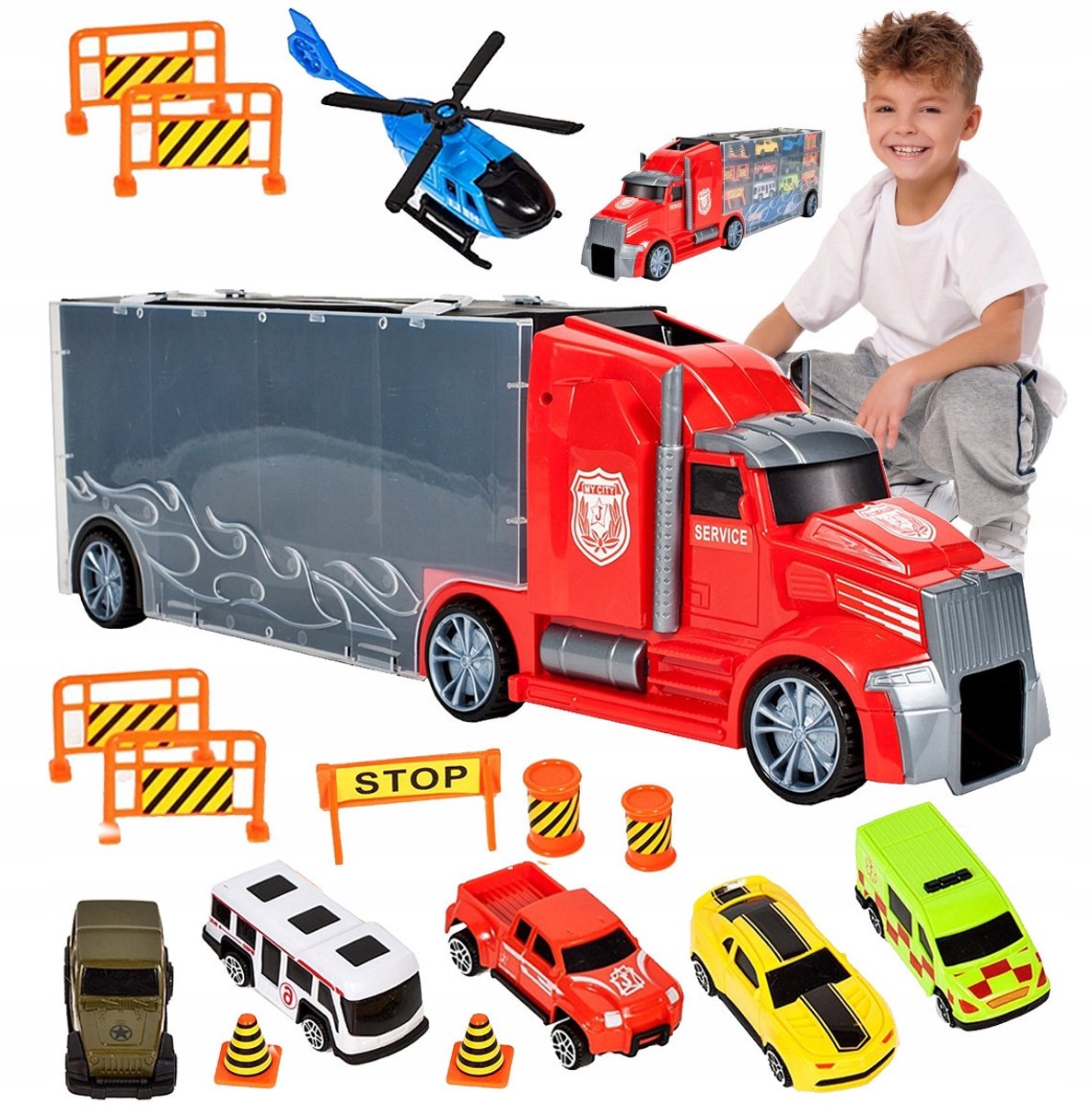 Grote Vrachtwagen met Trailer Speelgoed 54cm, Inclusief Auto's en Helicopter
