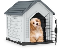 COSTWAY Hondenhok voor buiten, weerbestendig hondenhuis met afsluitbare metalen deur, ventilatiesleuven, schuin dak, huisdierhuis voor kleine honden en katten, hondenkooi voor binnen (grijs)