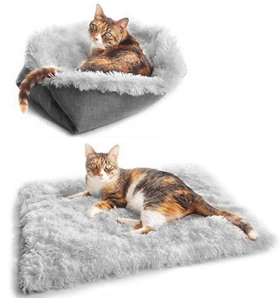 Panier pour chat - Niche pour chat - Tapis auto-chauffant doux pour chats et petits chiens - Couverture fonctionnelle 2 en 1 en peluche douce - Tapis doux pour animaux de compagnie pour chats et chiens d'intérieur (gris - 61 x 51)