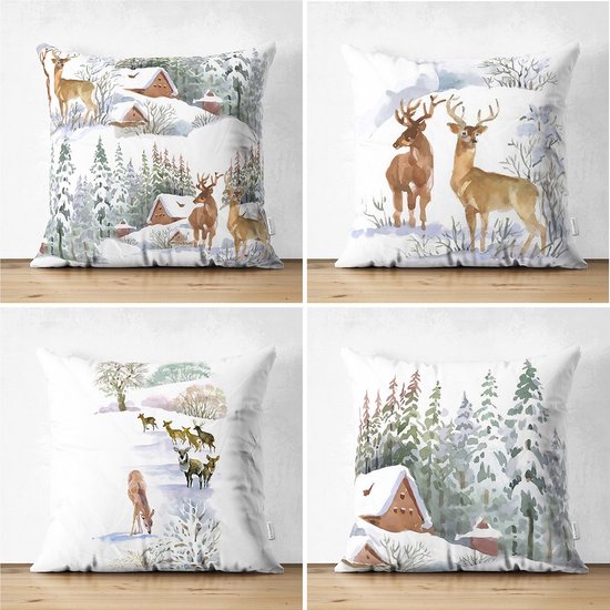 Velvet Kussenhoes set van 4 stuk - 45x45 cm - Rendieren & Berghuisje - Kerst - Sierkussenhoes