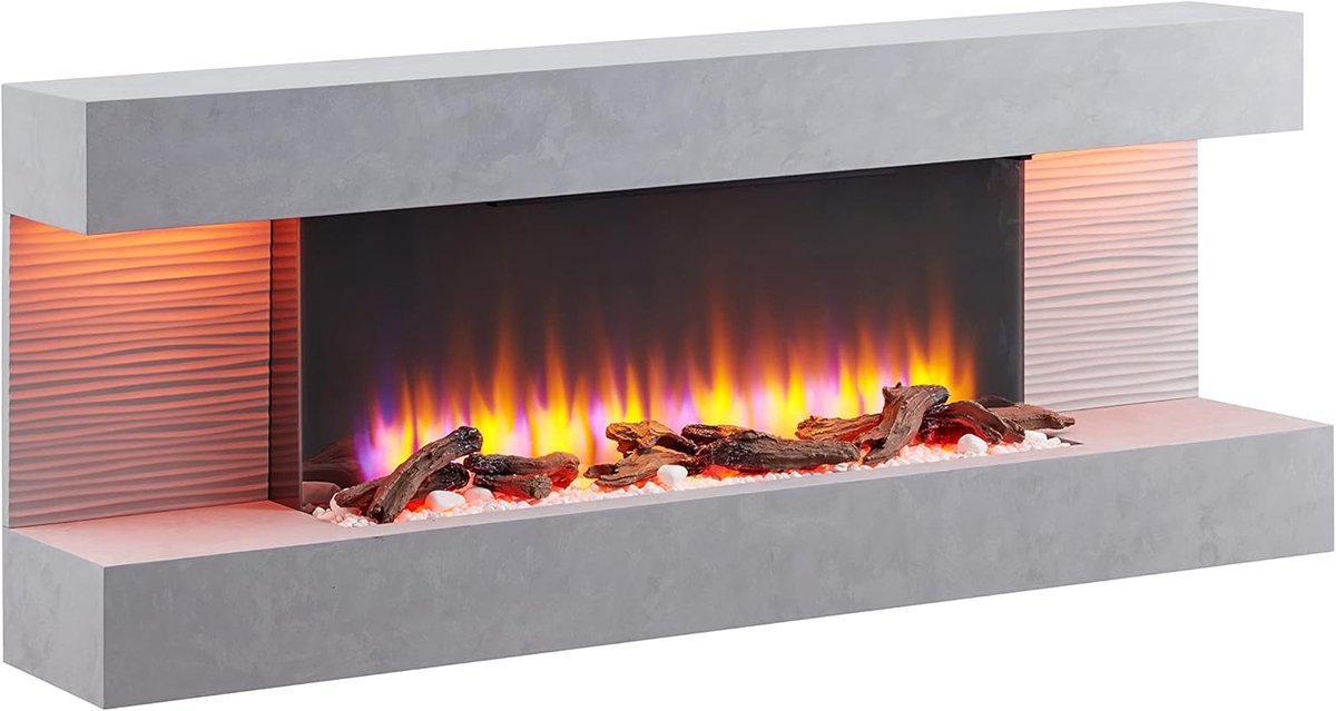Elektrische Wandhaard TasalFurniture Hestia Luxe – 2000W Sfeerhaard met Realistisch 3D Vlam Effect, LED Verlichting, Thermostaat & Timer – Afstandsbediening – Moderne Elektrische Open Haard – Wandmontage – Grijs