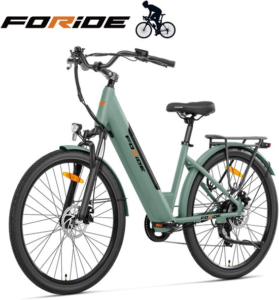 Vélo électrique Foride Roamer 1 à entrée basse, moteur 250 W, batterie 36 V 13 Ah , pneus 27,5 pouces, vitesse maximale 25 km/h, autonomie maximale 100 km, freins à disque, suspension avec blocage, Shimano 7 vitesses - Vert