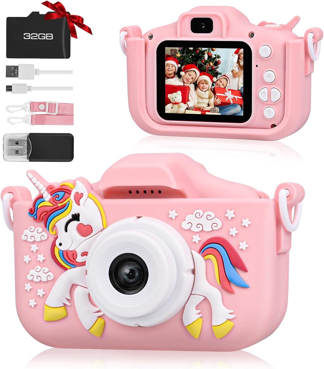 Yammii | Kindercamera HD 1080P - Nieuwste model 2025 - Digitale Camera met Selfiecamera - Inclusief 32GB SD Kaart - Foto Video en Spelletjes - Roze Unicorn