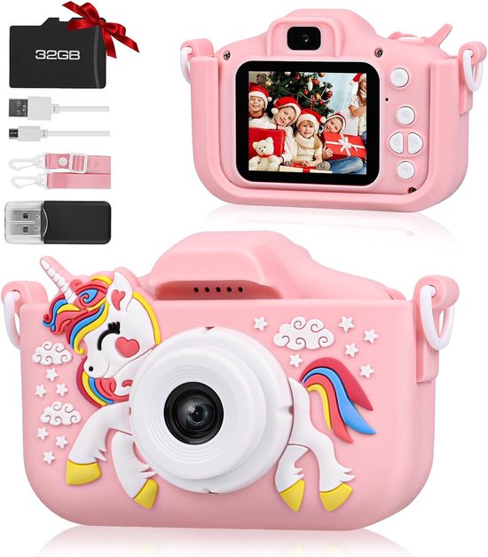 Yammii | Kindercamera HD 1080P - Nieuwste model 2025 - Digitale Camera met Selfiecamera - Inclusief 32GB SD Kaart - Foto Video en Spelletjes - Roze Unicorn