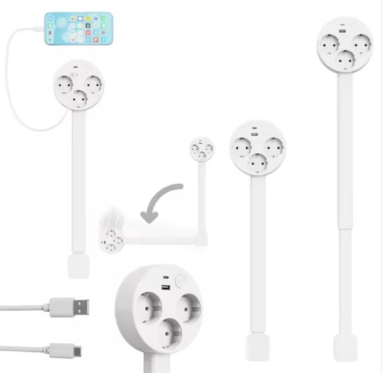 Draaibare Stopcontactverdeler met USB & USB-C – 3-weg stekkerdoos met schakelaar – Slim design – Wit