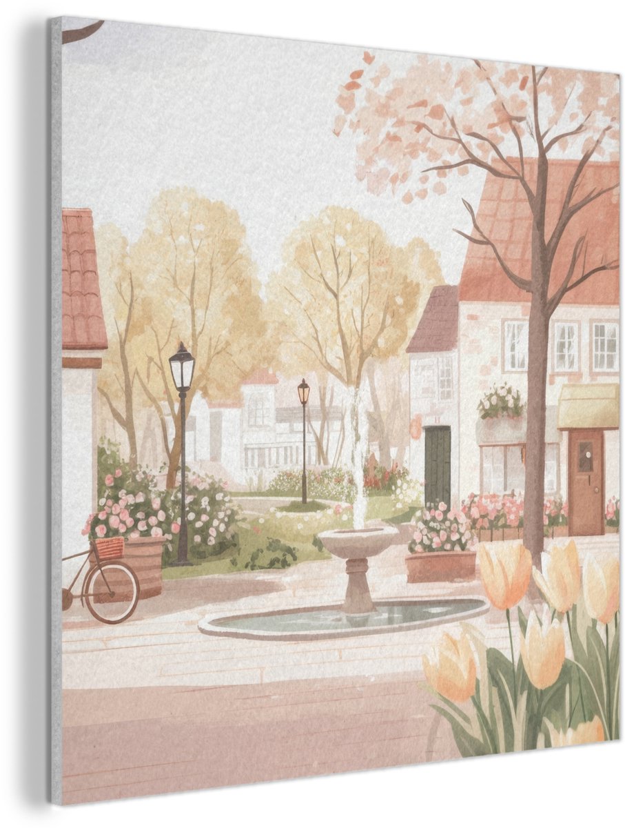 Akoestisch wandpaneel 90x90 cm - Vilt schilderij Dorpsplein - Fontein - Tulpen - Akoestisc