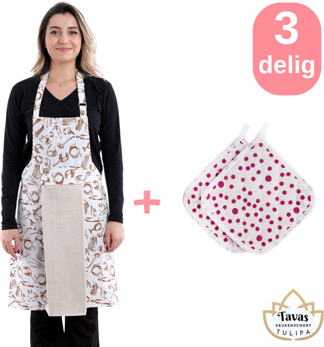 Tulipa Master Keukenschort 75 x 55 cm - met 1 Handdoek en 2 Pannenlappen met Paars Stippels - Keukengerei - Professioneel Verstelbaar Kookschort - Horecakwaliteit - Keukenschort Dames - Kerstcadeau