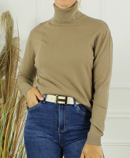 Dames col trui Roba-effen taupe bruin-fijngebreid-maat L/XL-koltrui-coltrui