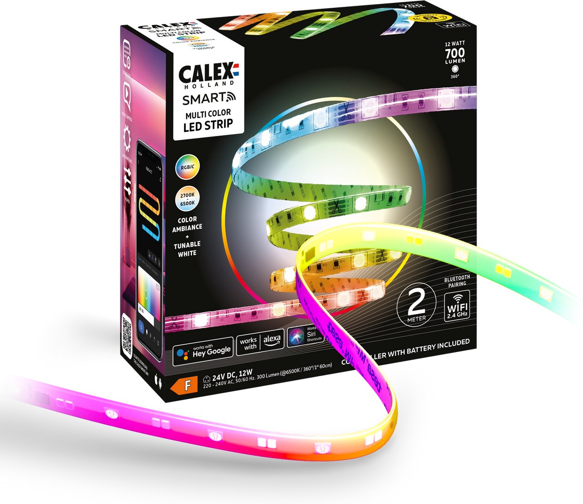 Calex Smart LED Strip - 2M, Slimme Lichtstrip, RGBIC+CCT, App bedienbaar, Binnengebruik, 12W