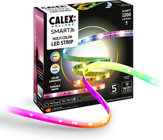 Calex Smart LED Strip - 5M, Slimme Lichtstrip, RGBIC+CCT, App bedienbaar, Binnengebruik, 24W
