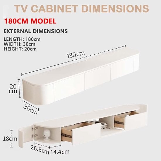 Meuble TV suspendu en Massief Hout 180 cm – Banc multimédia mural avec portes et gestion des câbles – Meuble de rangement moderne pour salon ou bureau – Wit – Medahomestore