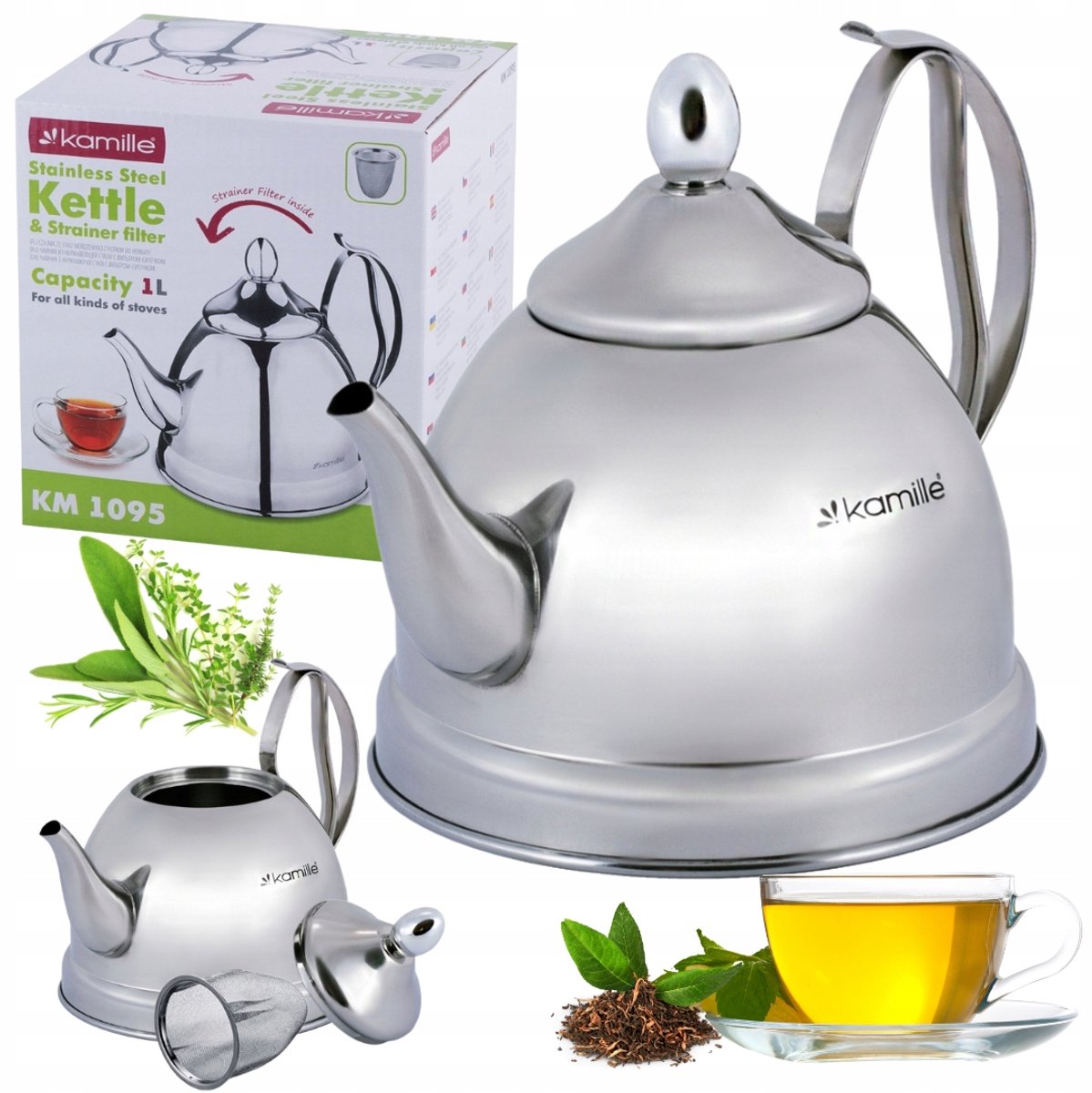 Kamille Theepot met Zeef - 1L RVS - Inductie Geschikt