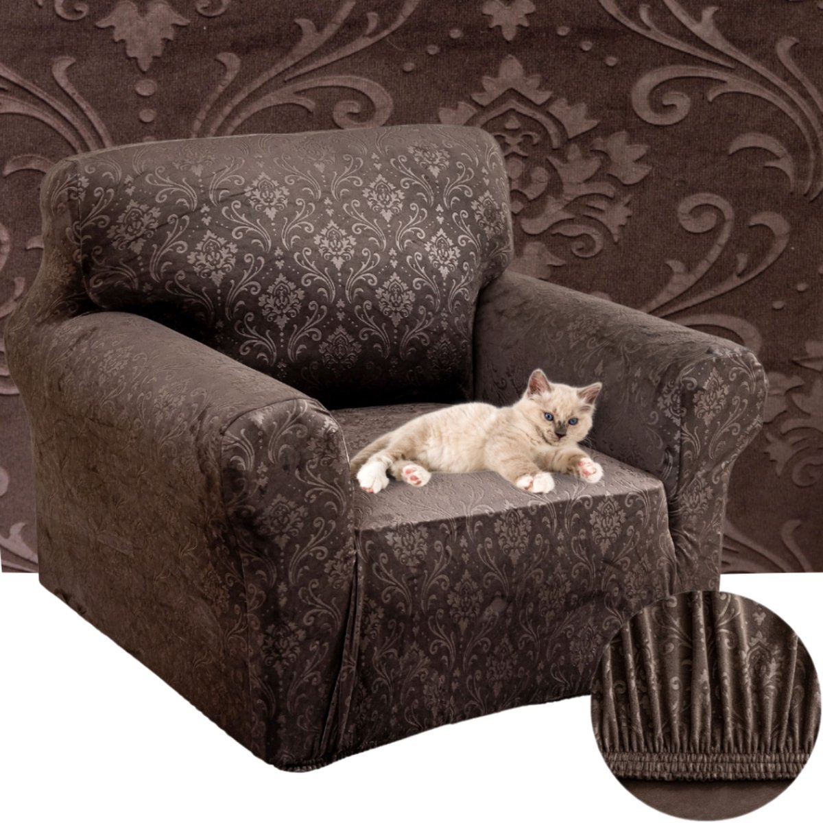 Elastische Velours Stoelhoes met Ornament - 90-140 cm - Bruin