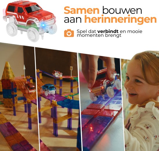 Magna Minds - Magnetic Tiles racebaan - Zelfrijdende auto - Magnetisch Speelgoed – 122 stuks - Constructie speelgoed - Magnetische tegels - Montessori speelgoed - Magnetic toys - Magnetische bouwstenen - Speelgoed Kinderen