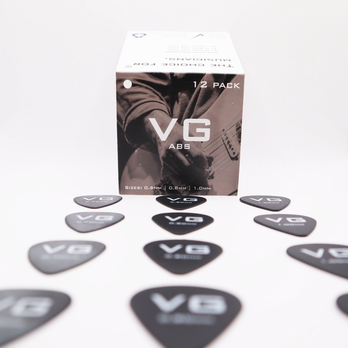 VG plectrum set 12x ABS - diktes thin 0.6 medium 0.8 en thick 1.0 mm