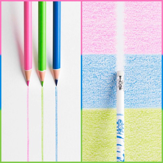 Drie BIC Kids Illusion potloden in roze, groen en blauw trekken strepen. Rechts een potlood die strepen gumt.