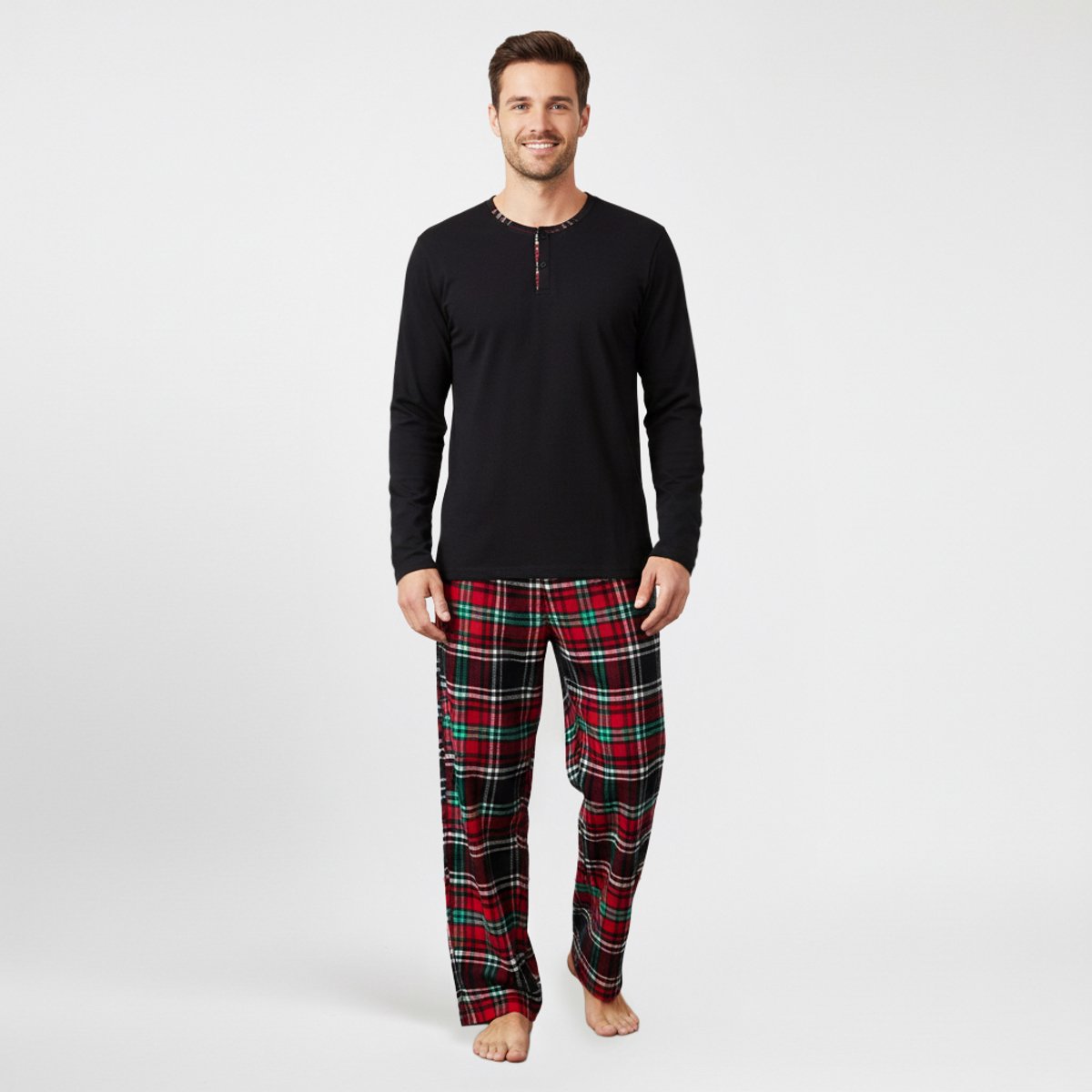 La V pyjamaset met henleykraag voor heren Zwart/ Rood XL