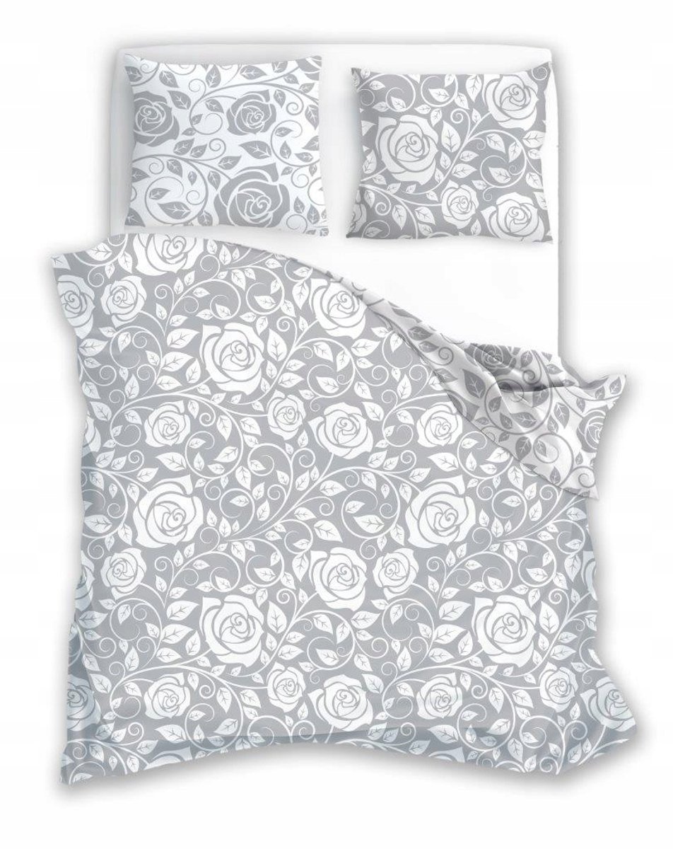 Zachte Grijze Dekbedovertrek Set met Witte Rozen - 200x220cm