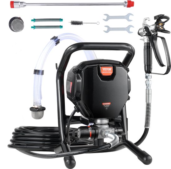 Zwarte airless verfspuit met spuitpistool, slang, spuitmond, filters, borstel en sleutels.