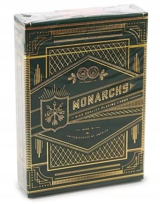 Verpakte groene 'Monarchs' speelkaarten doos met gouden art deco ontwerpen, 'Made in the United States of America'.
