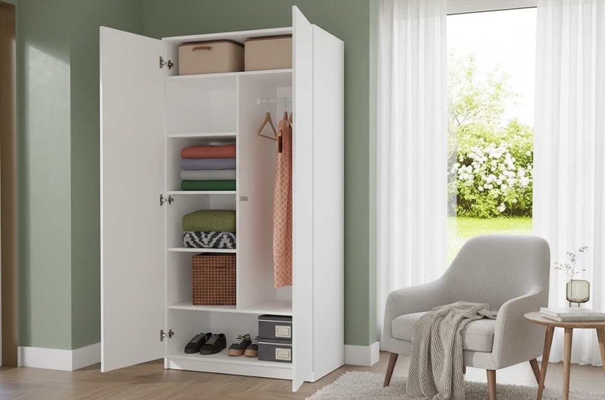 Malwa SD-90 Moderne Kledingkast 2-Deurs Wit, 7 Planken, Kledinghanger, TIP-ON Systeem – Ideaal voor Slaapkamer, Hal, Kinderkamer of Kantoor
