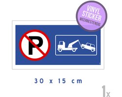 Pictogram/ vinyl sticker | Parkeren en stilstaan verboden - Wegsleepregeling | 30 x 15 cm | Hoogwaardige zelfklever | Watervast | Hier niet parkeren | Parkeerverbod | Takelen | Blauw | Zelfklevend | 1 stuk