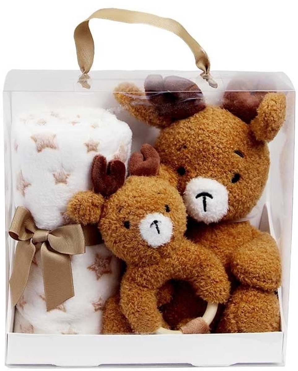 Kraam cadeau baby – Baby geschenkset Hert – Knuffel, bijtring en babydeken 90x75 cm – Babyshower cadeau – Baby cadeau in luxe geschenkverpakking