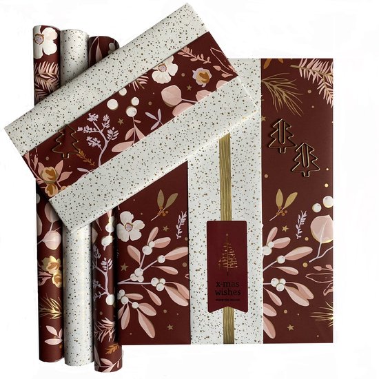 Luxe inpakpapier Kerst - 19-delige inpakset met dubbelzijdig cadeaupapier, cadeaustickers, kerstclips en cadeaulint
