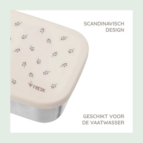 Crèmekleurige broodtrommel met bessenpatroon. Scandinavisch design, geschikt voor de vaatwasser.
