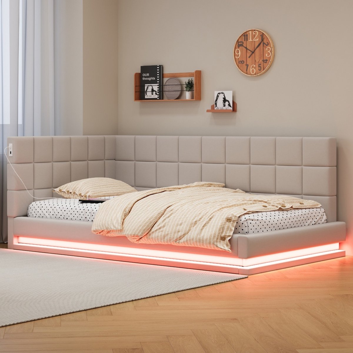 BLACKCOLORS - Gestoffeerde slaapbank - Afmetingen: 90x200 - Multifunctioneel - Met LED-lichtstrip - Met USB-aansluiting - Met lattenbodem - Aangenaam aanvoelende beige fluweelstof