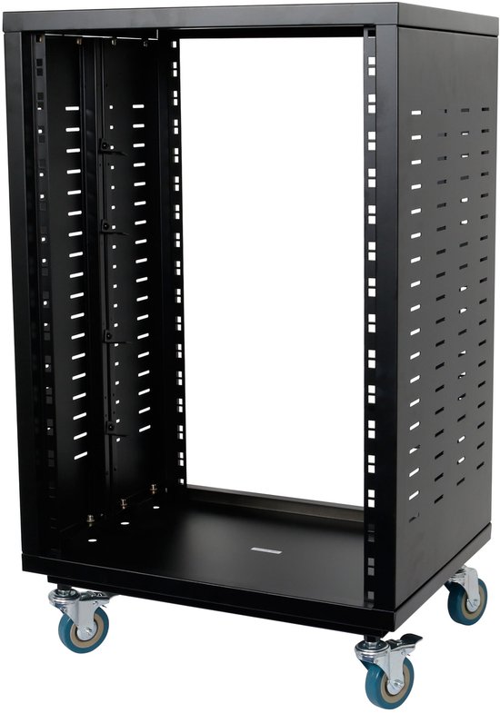 Zwart metalen 16U rack op wielen, met open voorkant en geperforeerde zijkanten.